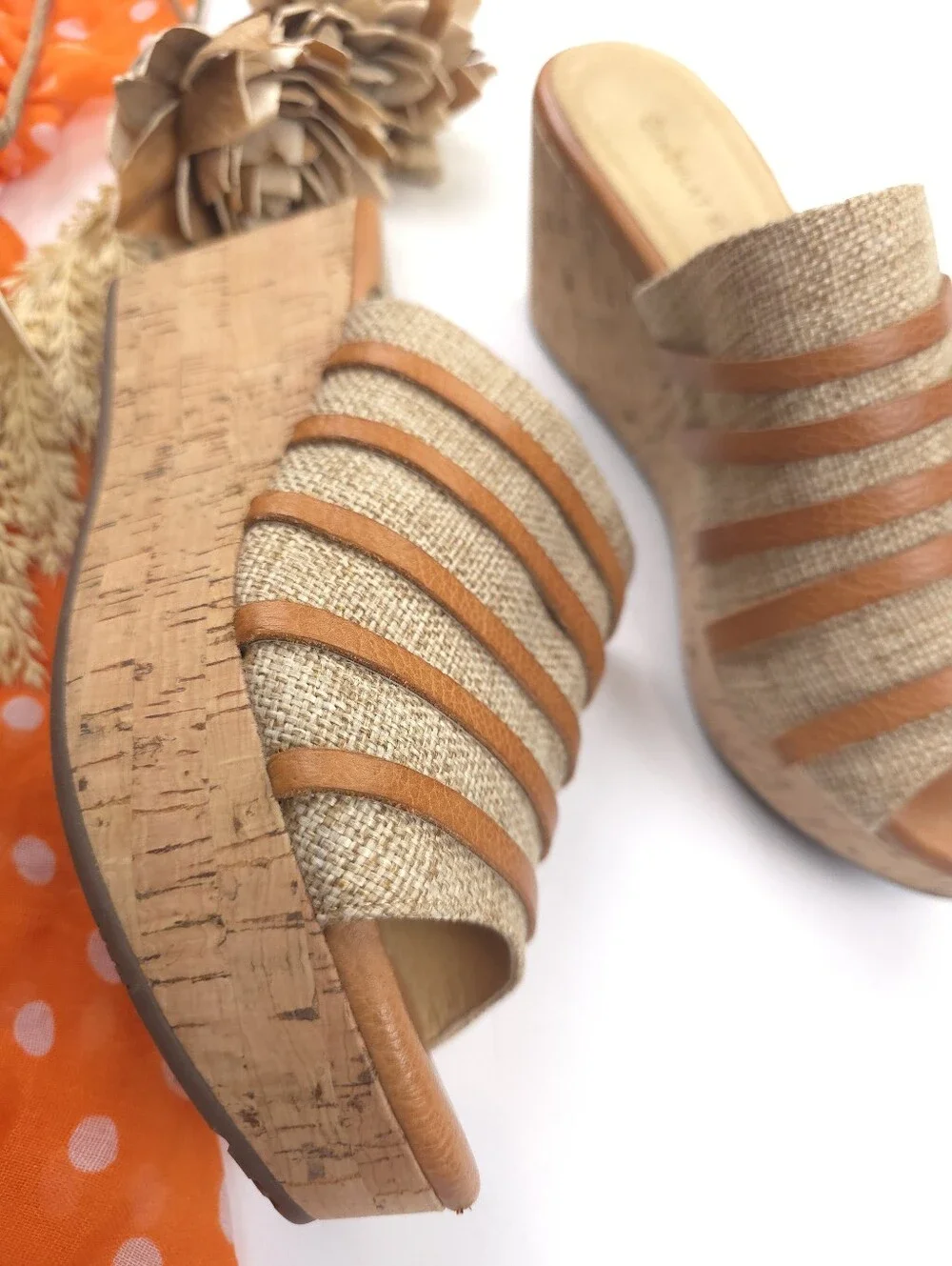 Chocolat Blu Woven Tan Cork Wedge Slide Sandals - Sz 8
